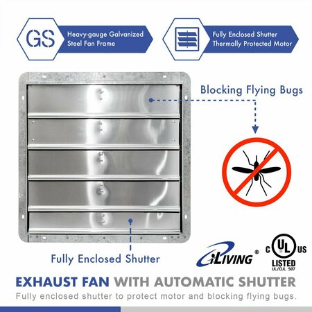 Iliving 20 in. Wall Mounted Shutter Exhaust Fan with Thermostat and Variable Speed controller, 3368 CFM ILG8SF20V-ST